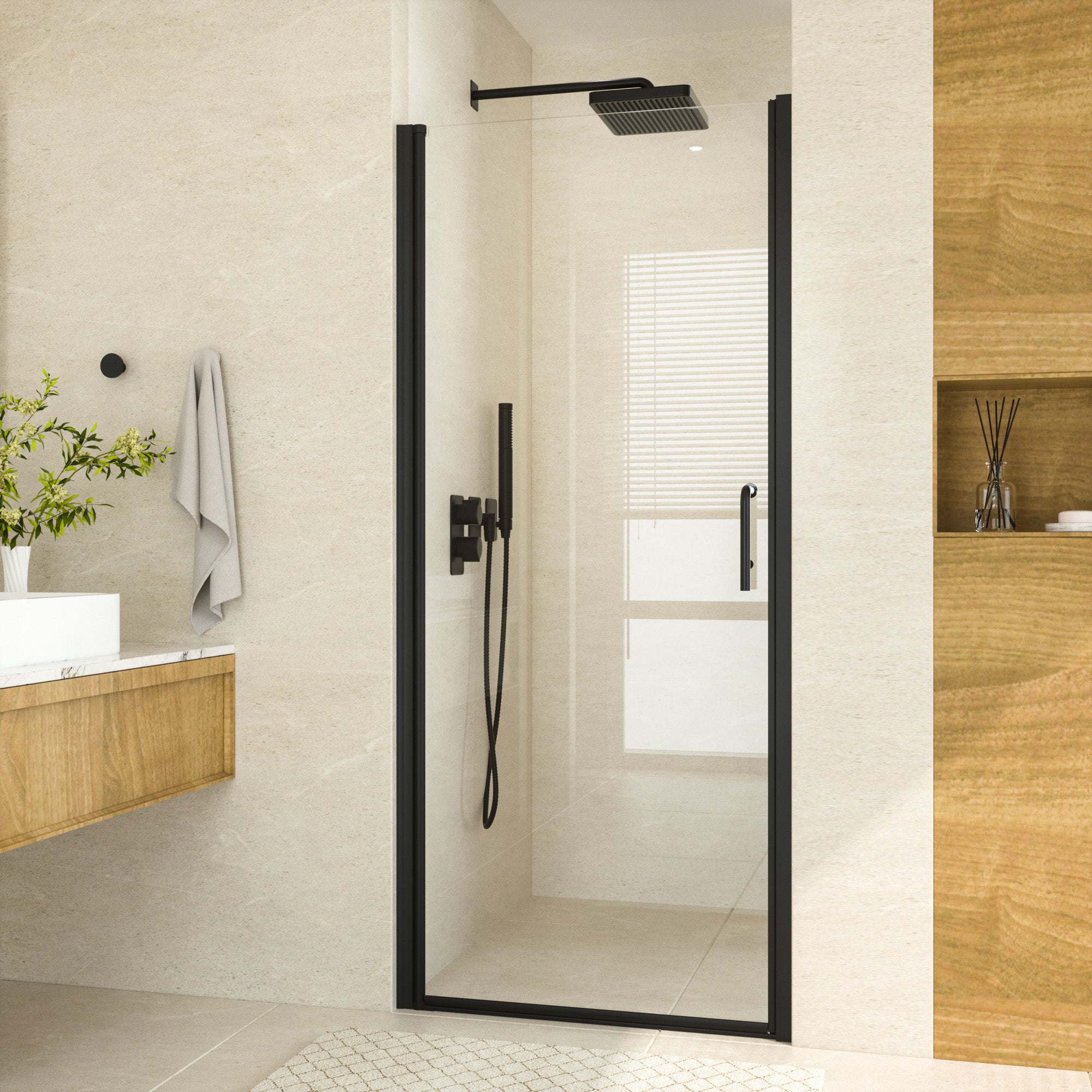 Keonjinn Shower Door, Black Glass Shower Doors with 1/4'' Clear Temper, image size:2000x2000