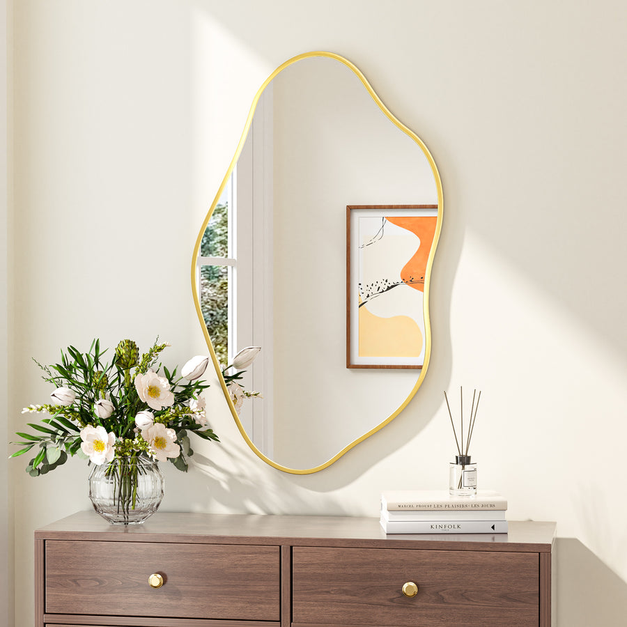 Keonjinn Nickel Irregular Mirrors for Wall, Asymmetrical Metal Frame, Tempered Glass Decorative Mirror for Bathroom, Bedroom, Living Room, Entryway(Horizontal/Vertical)