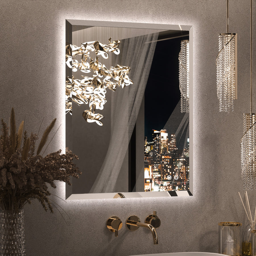 Luxury LED Backlit Bathroom Mirror with Elegant Beveled Edge, UL-Listed Driver, Safe Tempered Glass, 3 Color Lights, Dimmable, Defogging