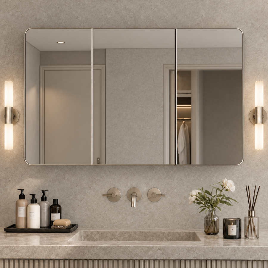 Keonjinn Rounded Rectangle Framed Bathroom Mirror Cabinet