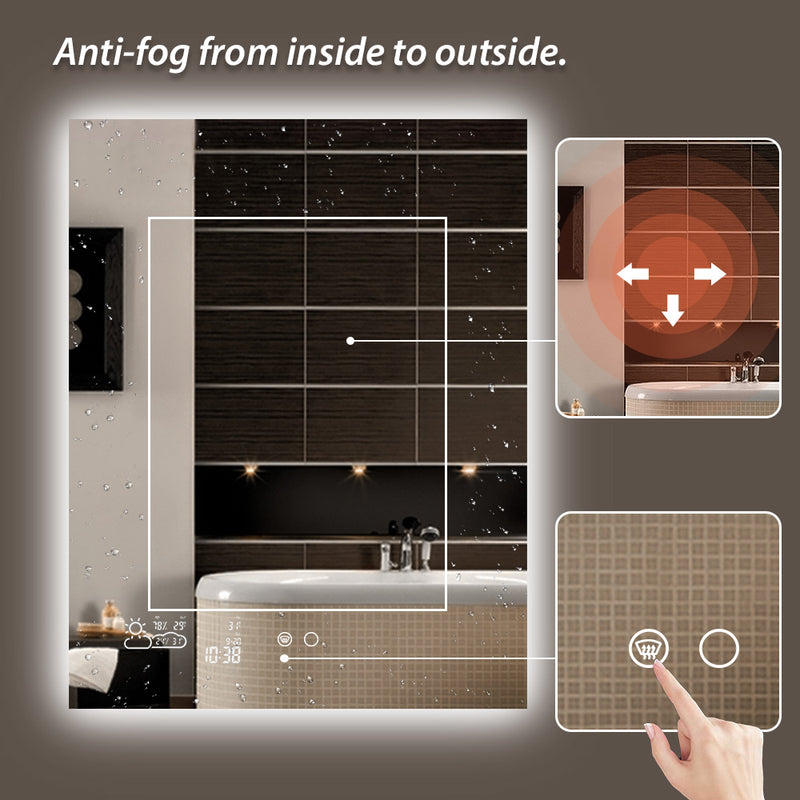 LED Backlit Bathroom Mirror, Smart WiFi Anti-Fog Dimmable Wall Mounted Vanity Mirror with Weather, Time, Temperature and Humidity Display