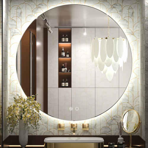 36 inch LED Round Mirror Lighted Vanity Mirror Large Circle Mirror with Lights Dimmable Wall Mounted LED Bathroom Mirror Anti-Fog Illuminated Makeup Mirror, CRI 90+