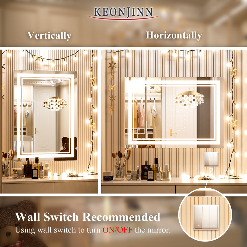 LED Mirror Bathroom Mirrors with Lights, Adjustable White/Warm/Natural Lights High Lumen 8070LM, Anti-Fog Dimmable Wall Mounted Large Lighted Vanity Mirror (Horizontal/Vertical)