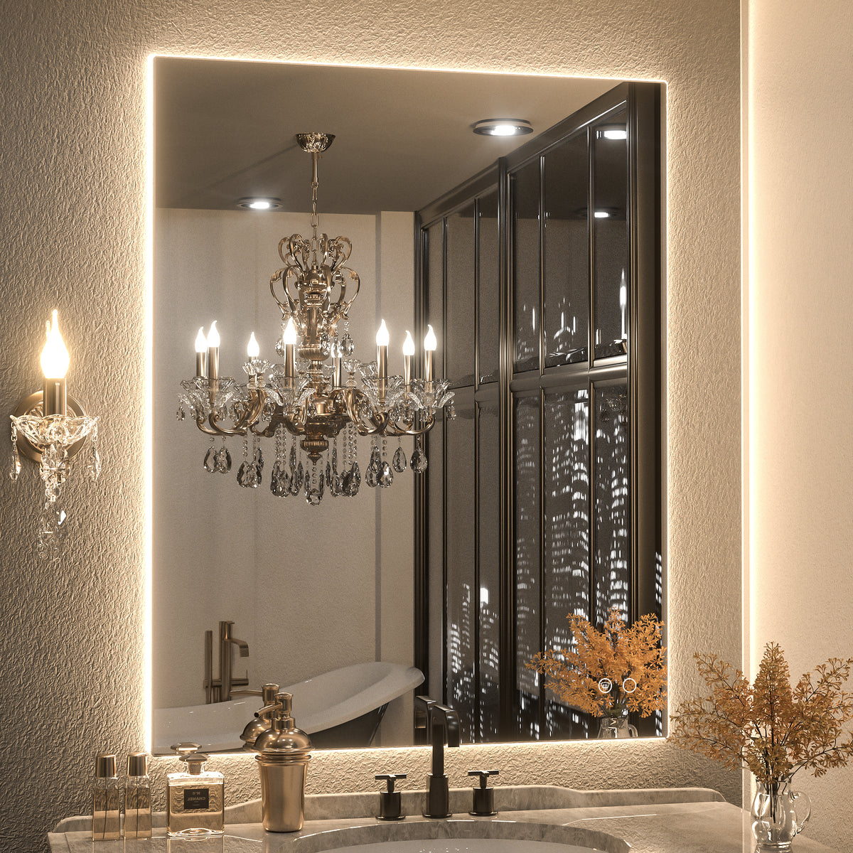30”x36 Led Bathroom Mirror with Antifog, Dimmer, Adjustable Color Temperature, Smart Bathroom Led Mirror with Brush Gold Frame - 3