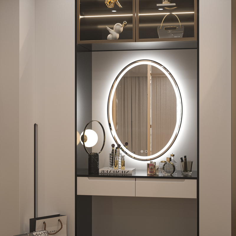Oval LED Lighted Vanity Mirror Dimmable Anti-Fog Wall Mounted Makeup Mirror with Lights
