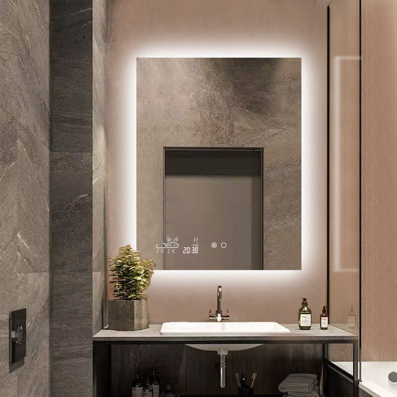 backlit smart wifi LED lighted bathroom mirror with weather report