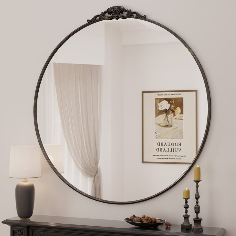 Keonjinn 36 Zoll schwarzer runder Vintage Deko-Wandspiegel, 36" x 36" großer Spiegel für Wanddekoration Wohnzimmer, runder Anthropologie-Spiegel mit Metallrahmen für Flur, Kamin, französische Leistenmontage