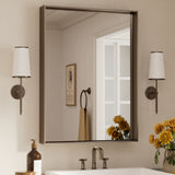 Keonjinn Gebürsteter Badezimmerspiegel mit Rahmen für über dem Waschbecken, Rechteckiger Wandspiegel mit quadratischen Ecken, Aluminiumrahmen, Moderner Landhausstil