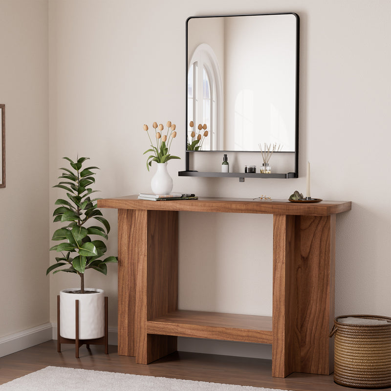 Keonjinn Mirror with Shelf, Black Bathroom Mirror for Wall, Decorative Rectangular Bathroom Vanity Mirror, Rounded Corner Framed Mirrors for Bathroom Over Sink with Storage