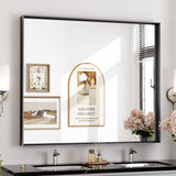 Keonjinn Gebürsteter Badezimmerspiegel mit Rahmen für über dem Waschbecken, Rechteckiger Wandspiegel mit quadratischen Ecken, Aluminiumrahmen, Moderner Landhausstil