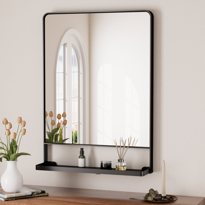 Keonjinn Mirror with Shelf, Black Bathroom Mirror for Wall, Decorative Rectangular Bathroom Vanity Mirror, Rounded Corner Framed Mirrors for Bathroom Over Sink with Storage
