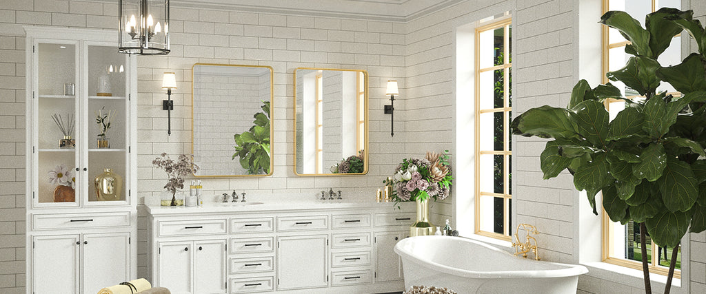 Keonjinn Gold Bathroom Mirror for Wall 40 x 30 Inch Gold Rectangle Mirror Brushed Gold Wall Mirror Large Framed Mirror Gold Vanity Mirror Rounded Farmhouse Mirror with Bracket(Horizontal/Vertical)