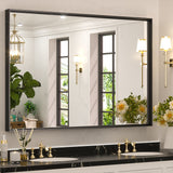 Keonjinn Gebürsteter Badezimmerspiegel mit Rahmen für über dem Waschbecken, Rechteckiger Wandspiegel mit quadratischen Ecken, Aluminiumrahmen, Moderner Landhausstil