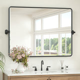 Keonjinn Pivot Mirror, Beveled Tilt Mirror Bathroom, Farmhouse Rectangular Sturdy Tilt Mirror, Rounded Corner Aluminum Alloy Framed Vanity Mirrors for Wall (Horizontal/Vertical)