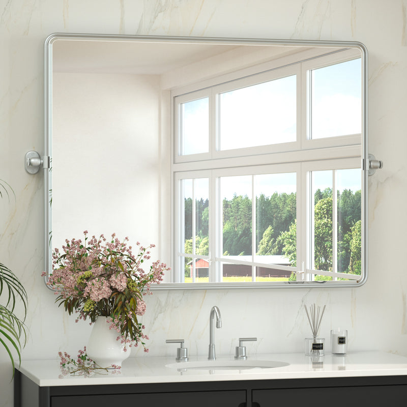 Keonjinn Pivot Mirror, Beveled Tilt Mirror Bathroom, Farmhouse Rectangular Sturdy Tilt Mirror, Rounded Corner Aluminum Alloy Framed Vanity Mirrors for Wall (Horizontal/Vertical)