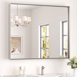 Keonjinn Gebürsteter Badezimmerspiegel mit Rahmen für über dem Waschbecken, Rechteckiger Wandspiegel mit quadratischen Ecken, Aluminiumrahmen, Moderner Landhausstil