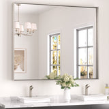 Keonjinn Gebürsteter Badezimmerspiegel mit Rahmen für über dem Waschbecken, Rechteckiger Wandspiegel mit quadratischen Ecken, Aluminiumrahmen, Moderner Landhausstil