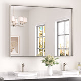 Keonjinn Gebürsteter Badezimmerspiegel mit Rahmen für über dem Waschbecken, Rechteckiger Wandspiegel mit quadratischen Ecken, Aluminiumrahmen, Moderner Landhausstil