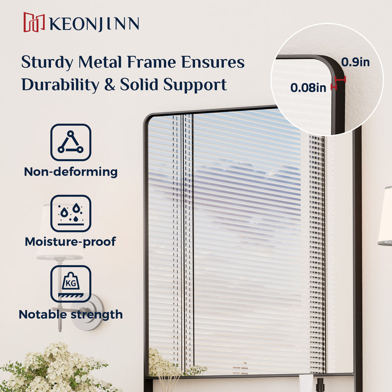 Keonjinn Mirror with Shelf, Black Bathroom Mirror for Wall, Decorative Rectangular Bathroom Vanity Mirror, Rounded Corner Framed Mirrors for Bathroom Over Sink with Storage