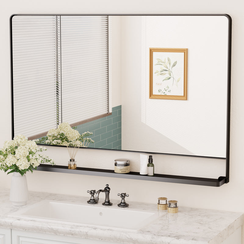 Keonjinn Mirror with Shelf, Black Bathroom Mirror for Wall, Decorative Rectangular Bathroom Vanity Mirror, Rounded Corner Framed Mirrors for Bathroom Over Sink with Storage