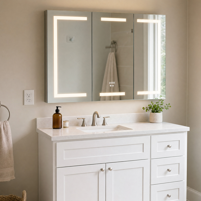 MC002Keonjinn Armoire à pharmacie lumineuse pour salle de bain avec miroir LED et prise électrique Étagères réglables 3 couleurs de lumière Éclairage frontal Anti-buée Intensité variable Encastré au mur pour rangement de salle de bain