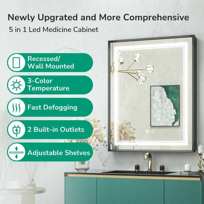 Medicine Cabinet with Lights Surface/Recessed Mount Dimmable 3 Color Lighted with light Anti fog Outlet Aluminum