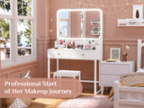 Keonjinn White Vanity Desk with Mirror and Lights, LED Makeup Vanity Desk with 2 Large Drawers & 2 Makeup Trays & Chair, 7000 Lux Vanity Set with Light and Power Outlet, 32" W Vanity Table with CRI£¾90