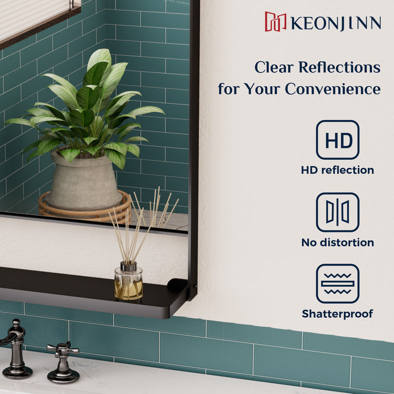 Keonjinn Mirror with Shelf, Black Bathroom Mirror for Wall, Decorative Rectangular Bathroom Vanity Mirror, Rounded Corner Framed Mirrors for Bathroom Over Sink with Storage