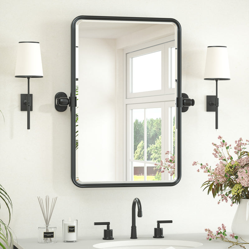 Keonjinn Pivot Mirror, Beveled Tilt Mirror Bathroom, Farmhouse Rectangular Sturdy Tilt Mirror, Rounded Corner Aluminum Alloy Framed Vanity Mirrors for Wall (Horizontal/Vertical)