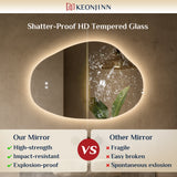 Keonjinn Asymmetrischer beleuchteter Badezimmerspiegel mit Lichtern, LED-Spiegel in unregelmäßiger Form mit gehärtetem HD-Glas, UL-gelisteter LED-Treiber, 3 Farbtemperaturen, dimmbar, Memory-Funktion, sichere Entnebelung