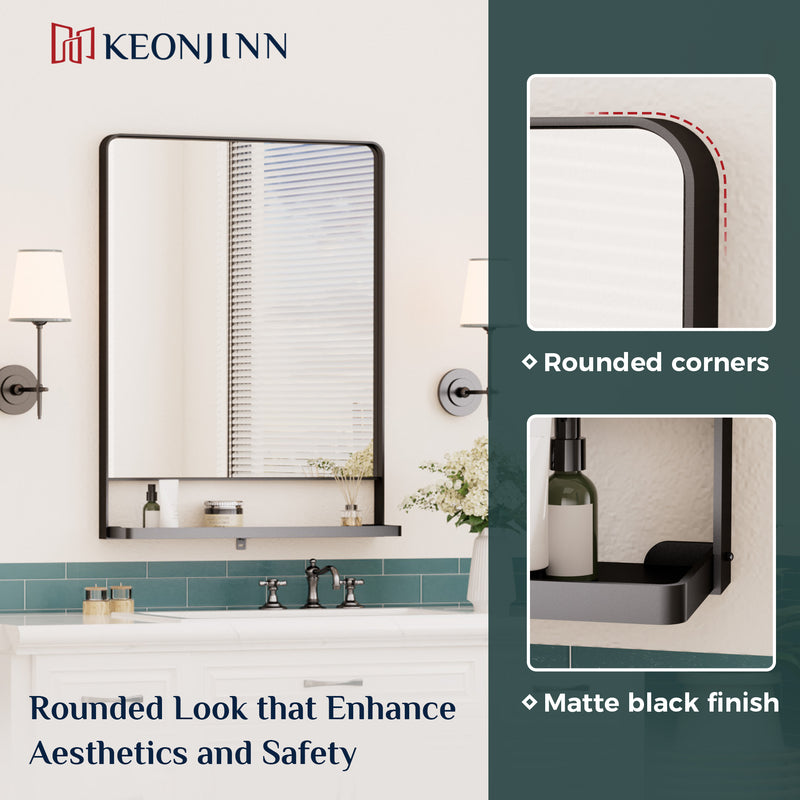 Keonjinn Mirror with Shelf, Black Bathroom Mirror for Wall, Decorative Rectangular Bathroom Vanity Mirror, Rounded Corner Framed Mirrors for Bathroom Over Sink with Storage