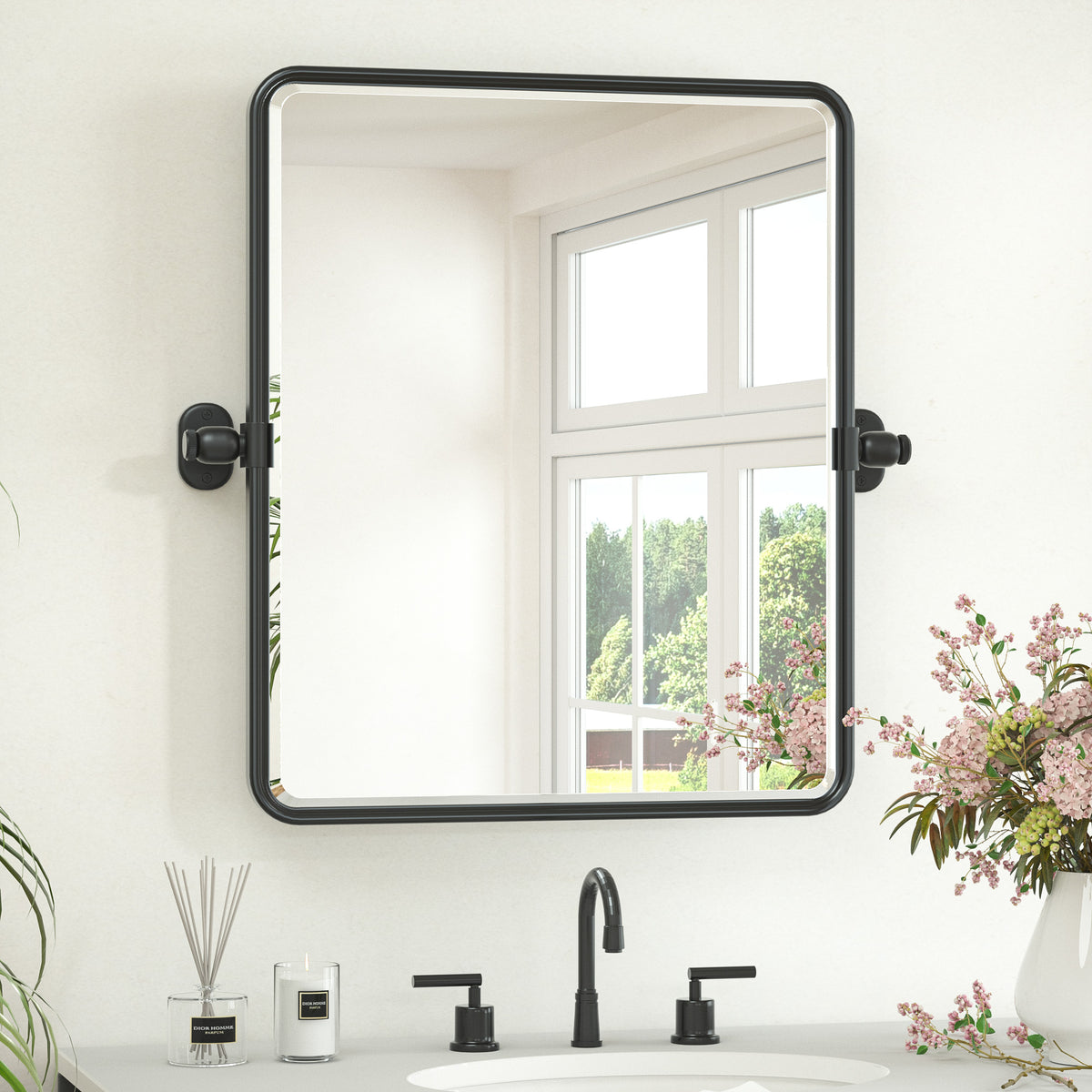Keonjinn Pivot Mirror, Beveled Tilt Mirror Bathroom, Farmhouse Rectangular Sturdy Tilt Mirror, Rounded Corner Aluminum Alloy Framed Vanity Mirrors for Wall (Horizontal/Vertical)