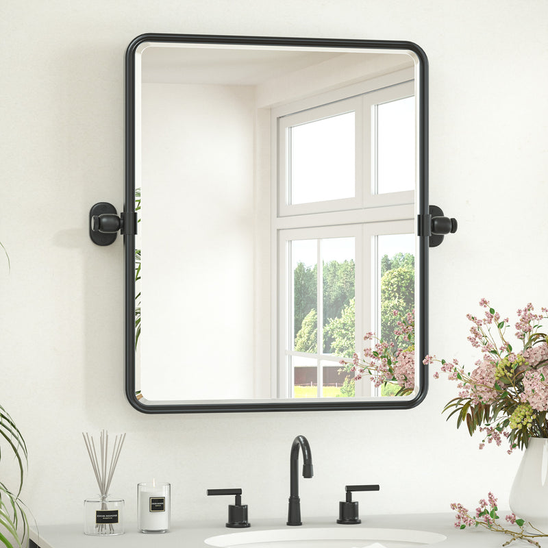 Keonjinn Schwenkspiegel, Kippbarer Spiegel mit Facettenschliff für das Badezimmer, Robuster Kippspiegel im Landhausstil, Rechteckiger Wandspiegel mit abgerundeten Ecken und Aluminiumlegierungsrahmen (Horizontal/Vertikal)