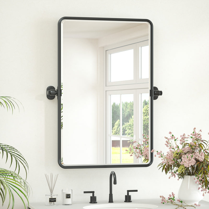 Keonjinn Pivot Mirror, Beveled Tilt Mirror Bathroom, Farmhouse Rectangular Sturdy Tilt Mirror, Rounded Corner Aluminum Alloy Framed Vanity Mirrors for Wall (Horizontal/Vertical)