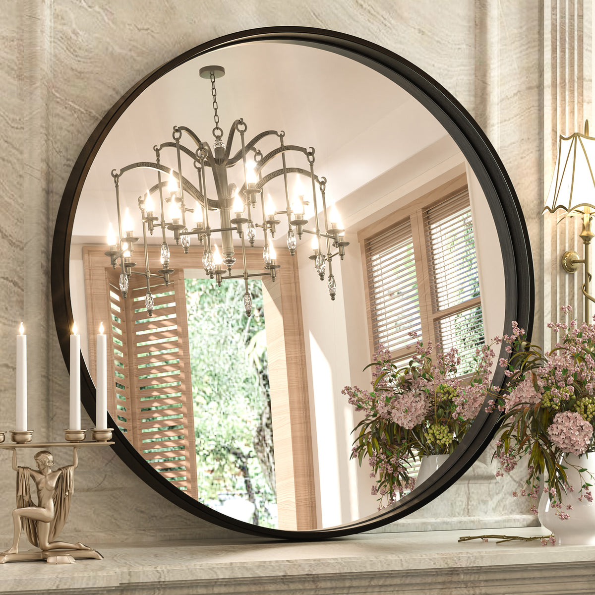 Keonjinn Round Framed Bathroom Mirror for Over Sink, Rectangle Wall Vanity Mirror with Square Corner, Alumium Alloy Frame