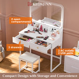 Keonjinn White Vanity Desk with Mirror and Lights, LED Makeup Vanity Desk with 2 Large Drawers & 2 Makeup Trays & Chair, 7000 Lux Vanity Set with Light and Power Outlet, 32" W Vanity Table with CRI£¾90