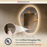 Keonjinn Asymmetrischer beleuchteter Badezimmerspiegel mit Lichtern, LED-Spiegel in unregelmäßiger Form mit gehärtetem HD-Glas, UL-gelisteter LED-Treiber, 3 Farbtemperaturen, dimmbar, Memory-Funktion, sichere Entnebelung
