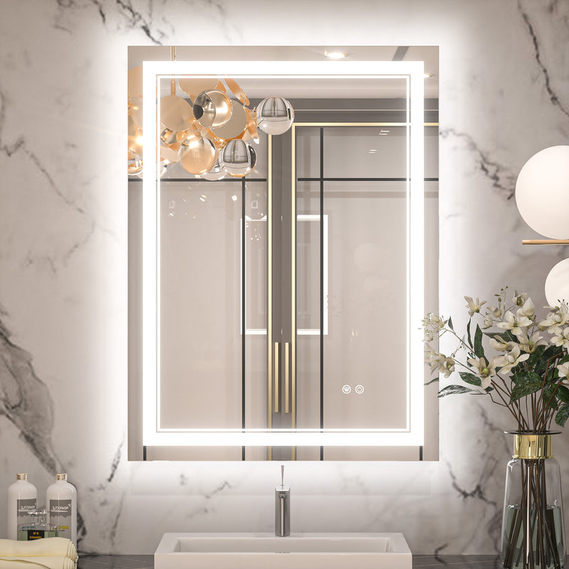 Keonjinn LED Mirror for Bathroom, Frontlit & Backlit Bathroom Mirror with Lights, HD Tempered Glass, 3 Color Lights, Dimmable, UL-Listed, Defogging, LED Wall-Mounted Vanity Mirrors