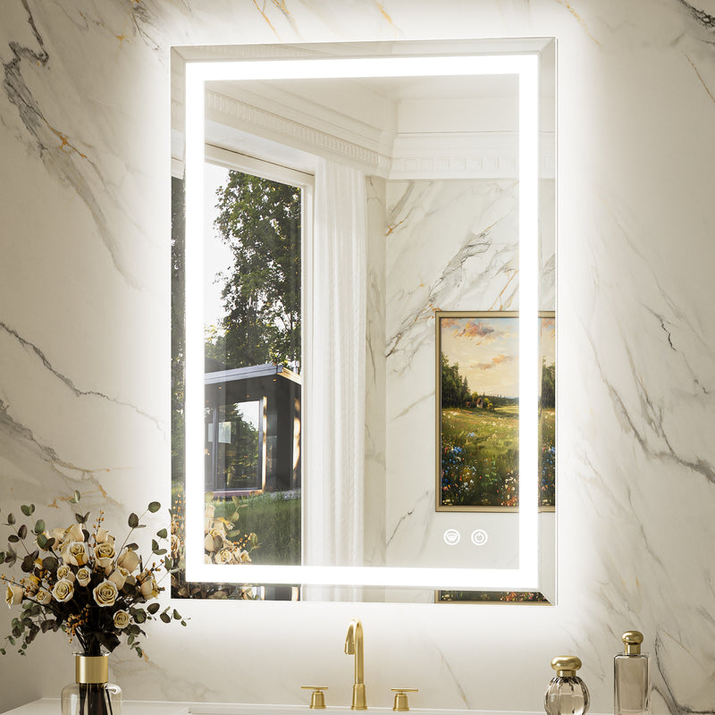 Keonjinn Beveled Lighted Bathroom Mirror, Frontlit & Backlit LED Bathroom Mirror with Lights 3 Color Lights, Anti-Fog Vanity Mirror with Tempered Glass, UL-Listed LED Driver, CRI90+