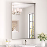 Keonjinn Gebürsteter Badezimmerspiegel mit Rahmen für über dem Waschbecken, Rechteckiger Wandspiegel mit quadratischen Ecken, Aluminiumrahmen, Moderner Landhausstil