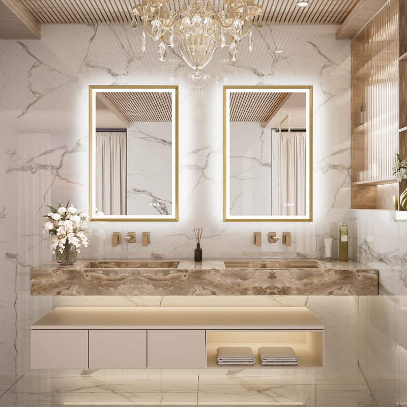 Keonjinn LED Mirror for Bathroom with Frontlit & Backlit, Metal Framed, Wall Mounted Mirror with Dimmable, Stepless Tricolors, Anti Fog, UL Listed LED Driver, Light Up Mirror