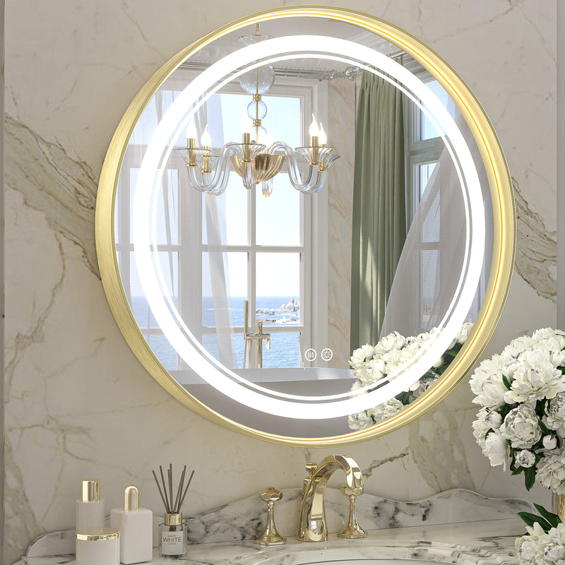 Round Led Bathroom Mirror with Front Lights Framed Frontlit 3 Color Lights Dimmable Wall Mounted Makeup Vanity Mirror Anti-Fog CRI 90+