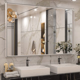 Keonjinn Gebürsteter Badezimmerspiegel mit Rahmen für über dem Waschbecken, Rechteckiger Wandspiegel mit quadratischen Ecken, Aluminiumrahmen, Moderner Landhausstil