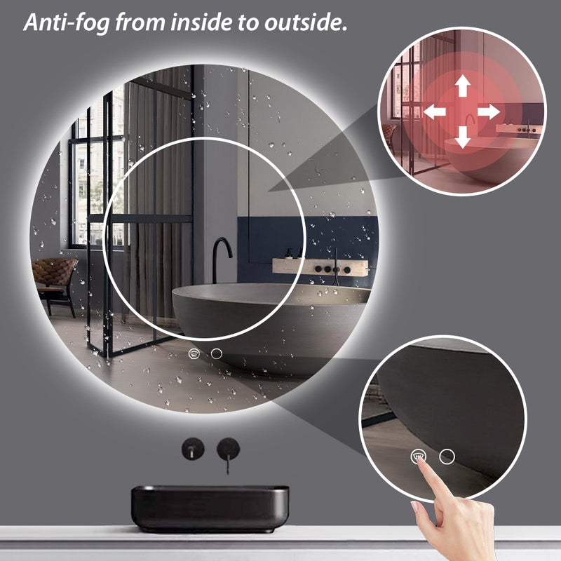 LED Round Mirror Backlit Bathroom Mirror Dimmable 3 Color Lighted Mirror with Lights Anti Fog