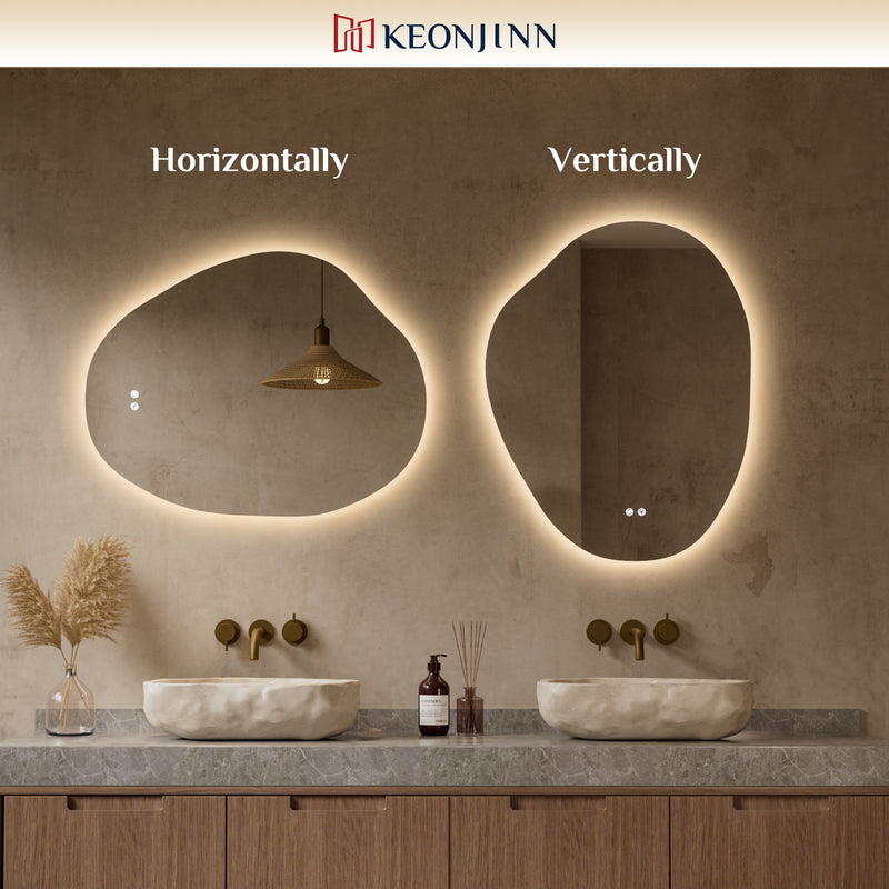 Keonjinn Asymmetrical Backlit Bathroom Mirror with Lights, LED Irregular Mirror with HD Tempered Glass, UL-Listed LED Driver, 3 Color Lights, Dimmable, Memory Function, Safe Defogging