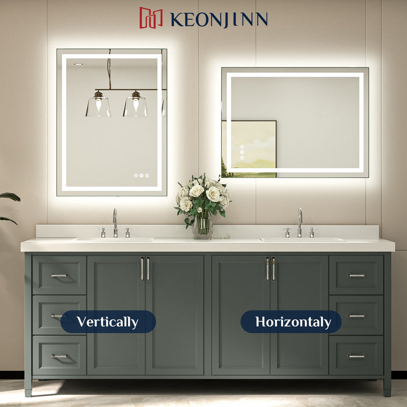 LED Bathroom Vanity Mirror Tempered Glass Front & Backlit Dimmable 3 Color Lighted Mirror with Lights Anti fog Memory Function Frameless