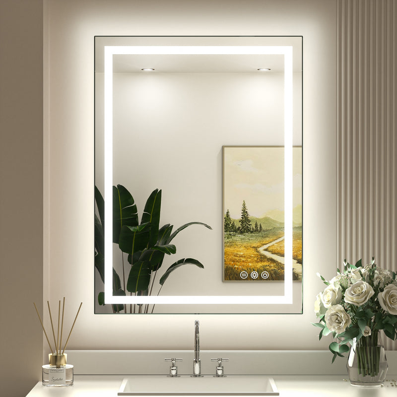 LED Bathroom Vanity Mirror Tempered Glass Front & Backlit Dimmable 3 Color Lighted Mirror with Lights Anti fog Memory Function Frameless