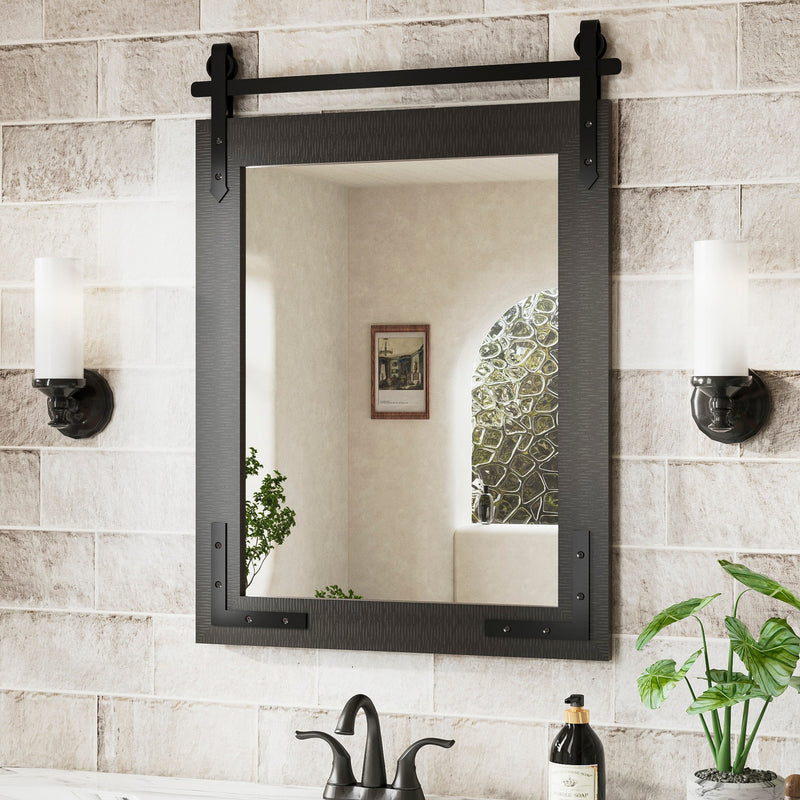 Natural Wooden Farmhouse Barn Door Mirror Rustic Wood Framed Bathroom Vanity Mirror for Wall