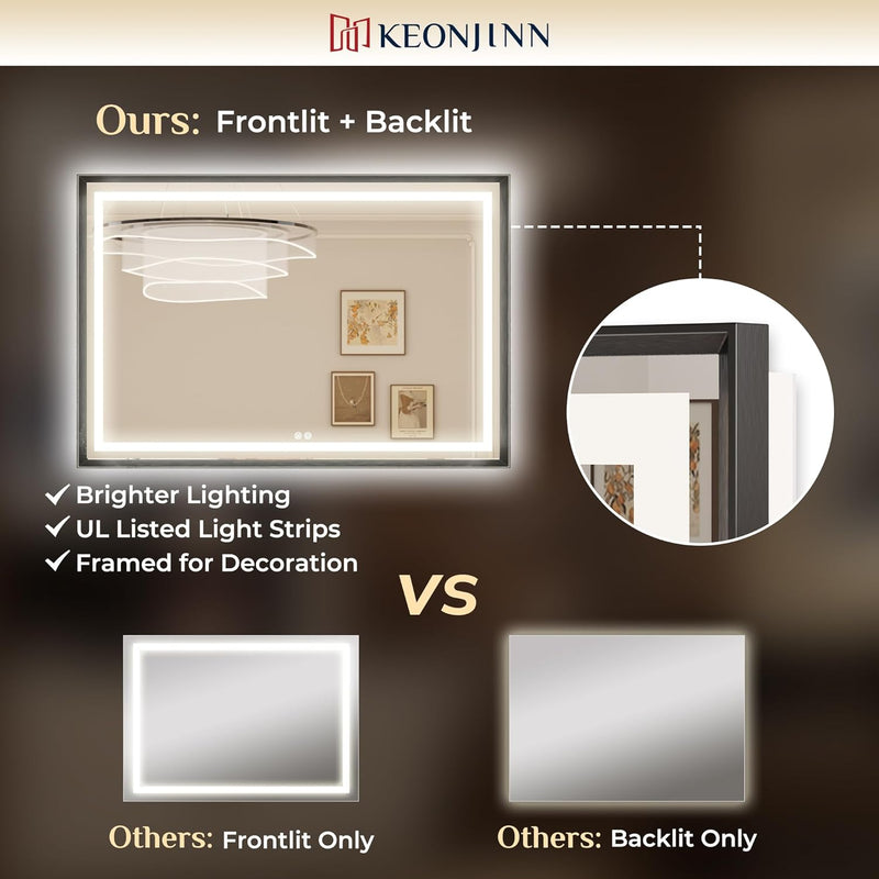 Rectangular Framed Wall LED Bathroom Vanity Mirror with Frontlit and Backlit