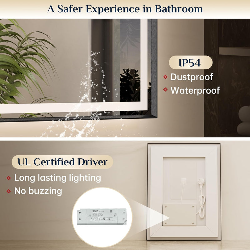Rectangular Framed Wall LED Bathroom Vanity Mirror with Frontlit and Backlit